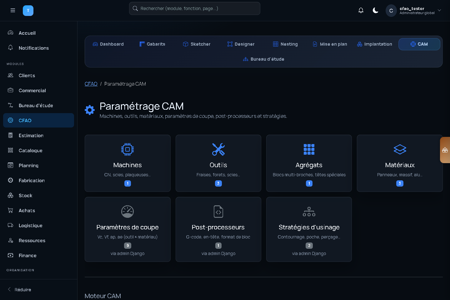 Paramétrage CAM avec machines, outils, agrégats, matériaux et stratégies