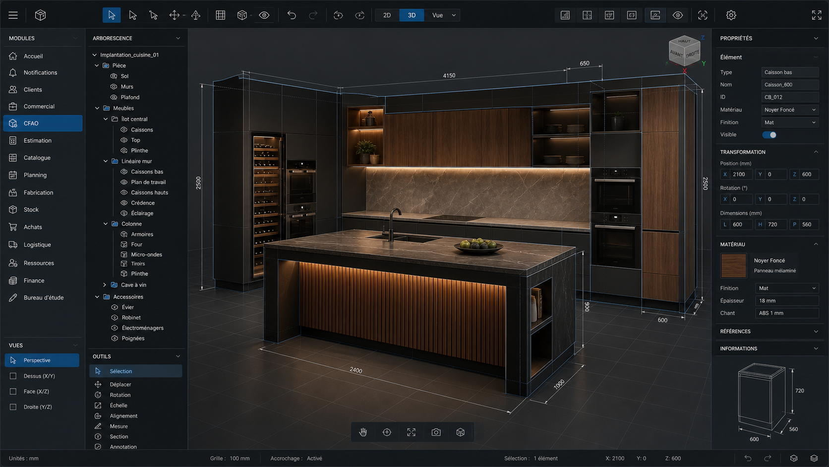Vue 3D d'une implantation cuisine en ambiance sombre avec îlot central, colonnes, rangements et repères techniques